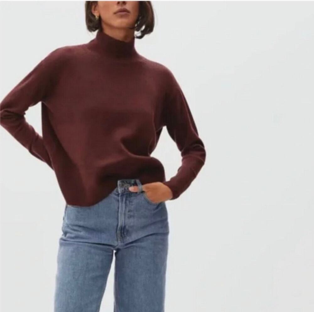 EVERLANE The Cashmere Square Mock Turtleneck Sweater Burgundy, Size